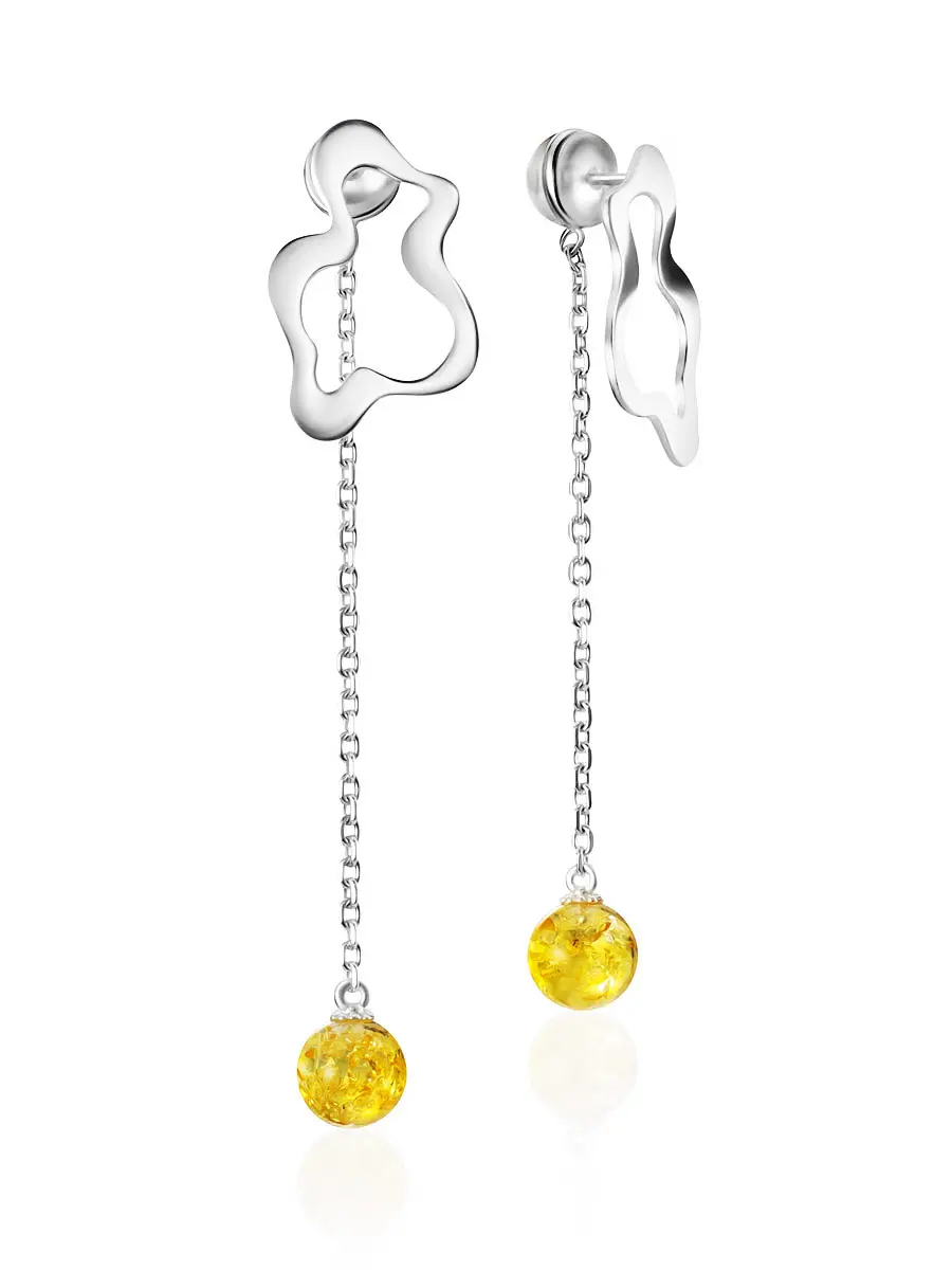 картинка Оригинальные серьги-гвоздики «Облачко» с янтарным шариком на цепочке в онлайн магазине
