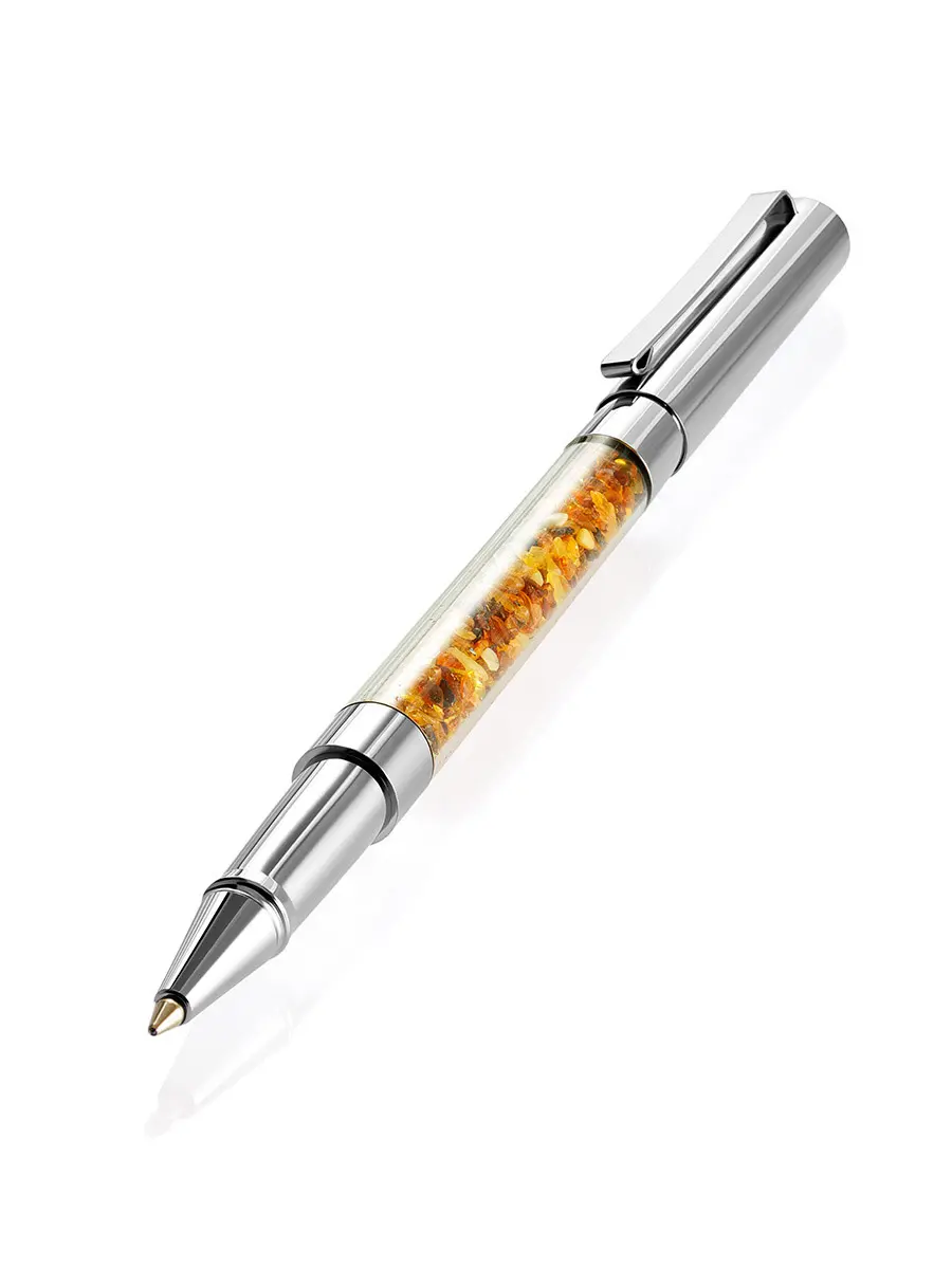 картинка Шариковая ручка с колбой, наполненной кусочками натурального янтаря в подарочной коробке в онлайн магазине