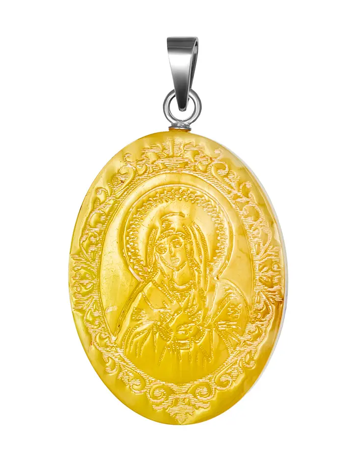 картинка Иконка из натурального янтаря медового цвета «Богородица. Умиление (Радость всех радостей)» в онлайн магазине