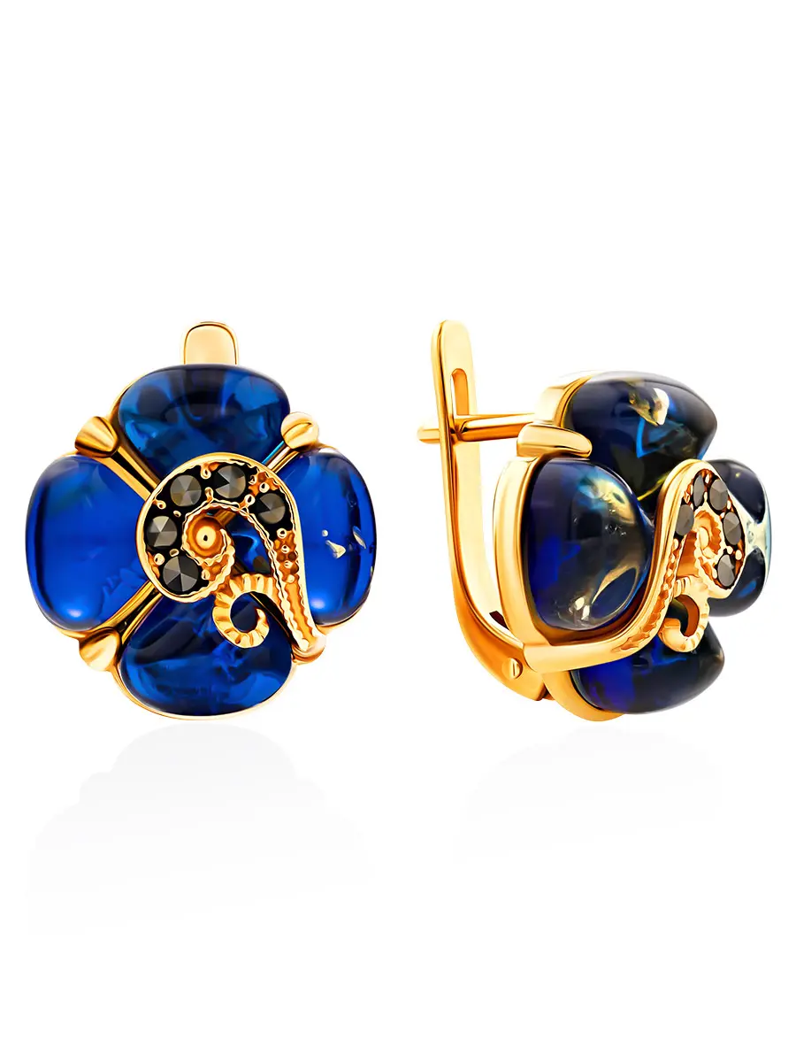картинка Серьги из необычного синего янтаря и марказитов «Лола» в онлайн магазине