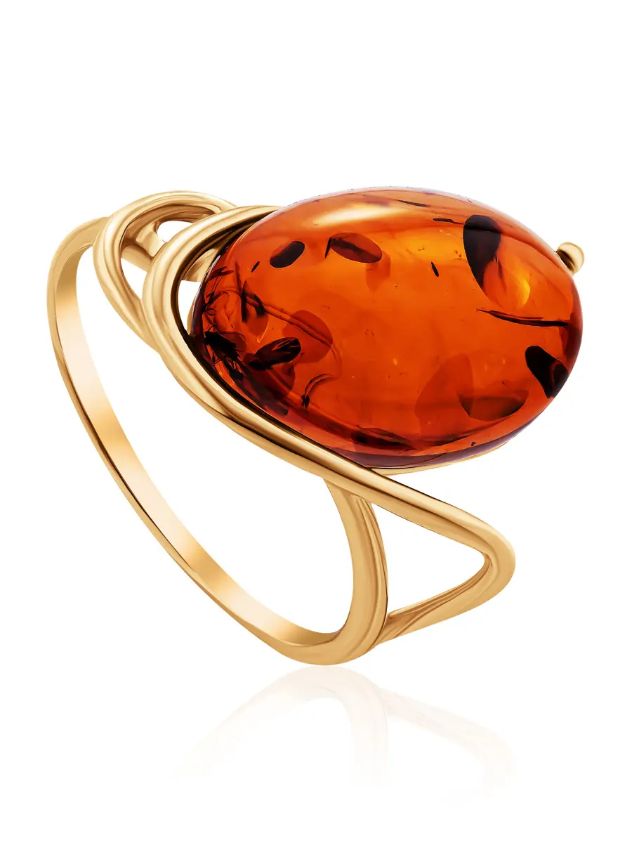 картинка Необычное золотое кольцо «Сигма» с натуральным янтарём коньячного цвета в онлайн магазине
