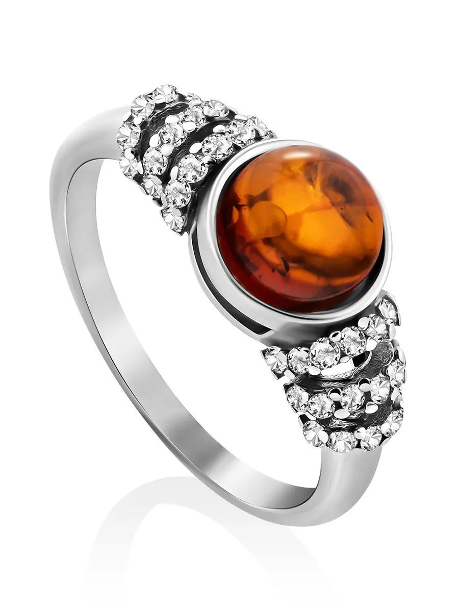 картинка Красивое кольцо с натуральным янтарём и фианитами «Ренессанс» в онлайн магазине