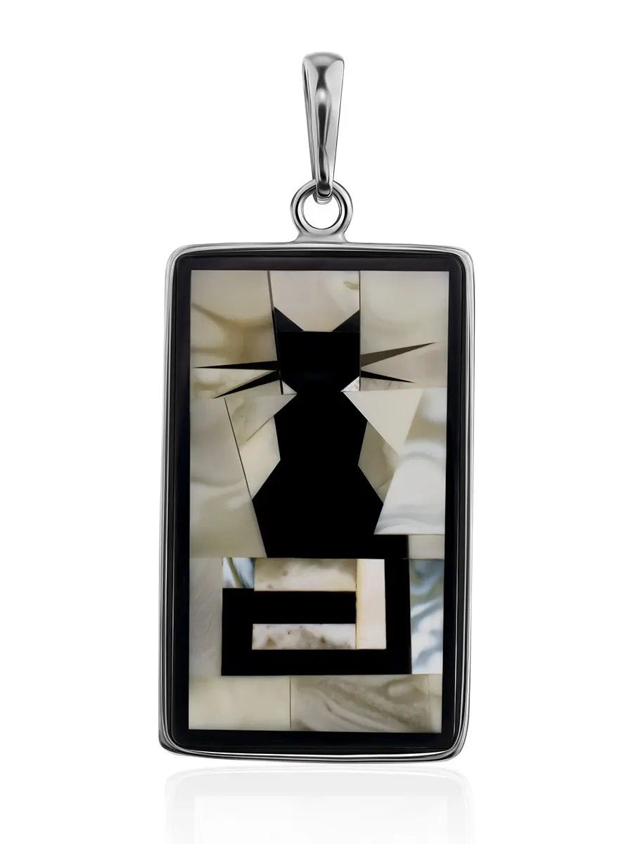 картинка Стильный мозаичный кулон из янтаря в серебре «Кот» в онлайн магазине