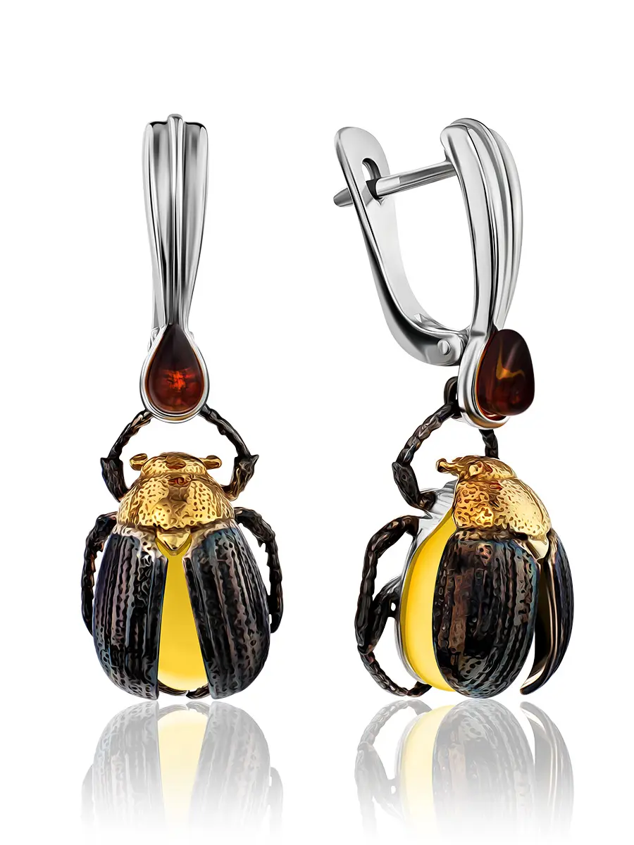 картинка Серьги «Скарабей» из натурального янтаря медового цвета в онлайн магазине