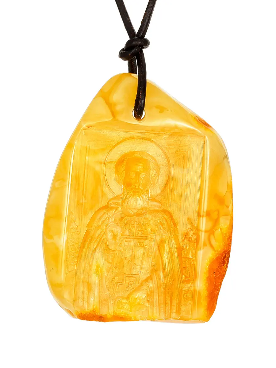 картинка Подвеска-икона из натурального янтаря с резьбой «Преподный Сергий Радонежский» в онлайн магазине