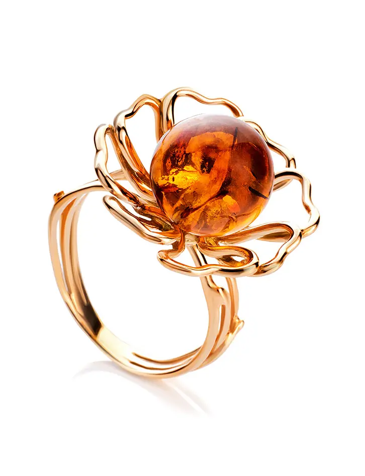 картинка Красивое ажурное кольцо с коньячным янтарём «Ромашка» в онлайн магазине