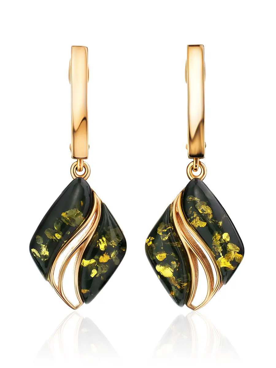 картинка Красивые серьги «Савой» из позолоченного серебра и зелёного янтаря в онлайн магазине