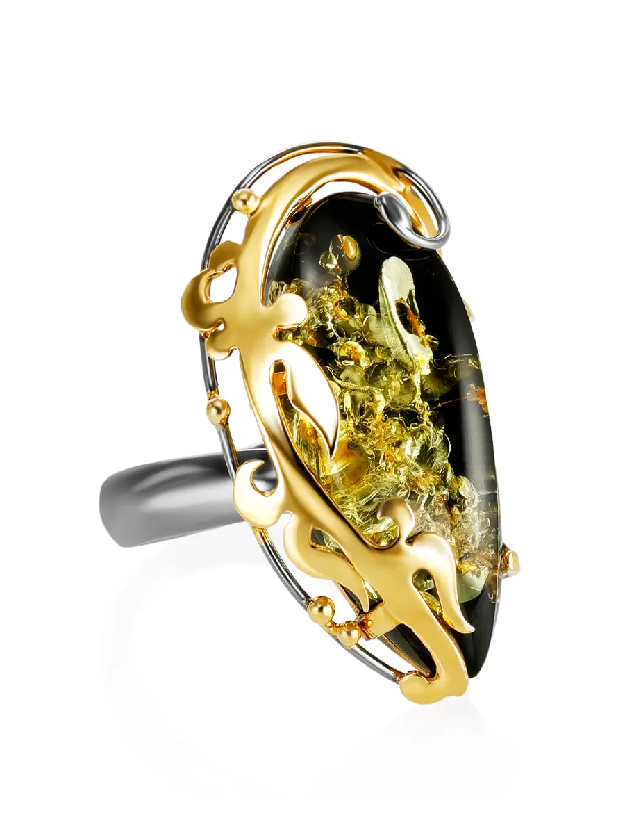 картинка Эффектное кольцо из янтаря зелёного оттенка «Версаль» в онлайн магазине