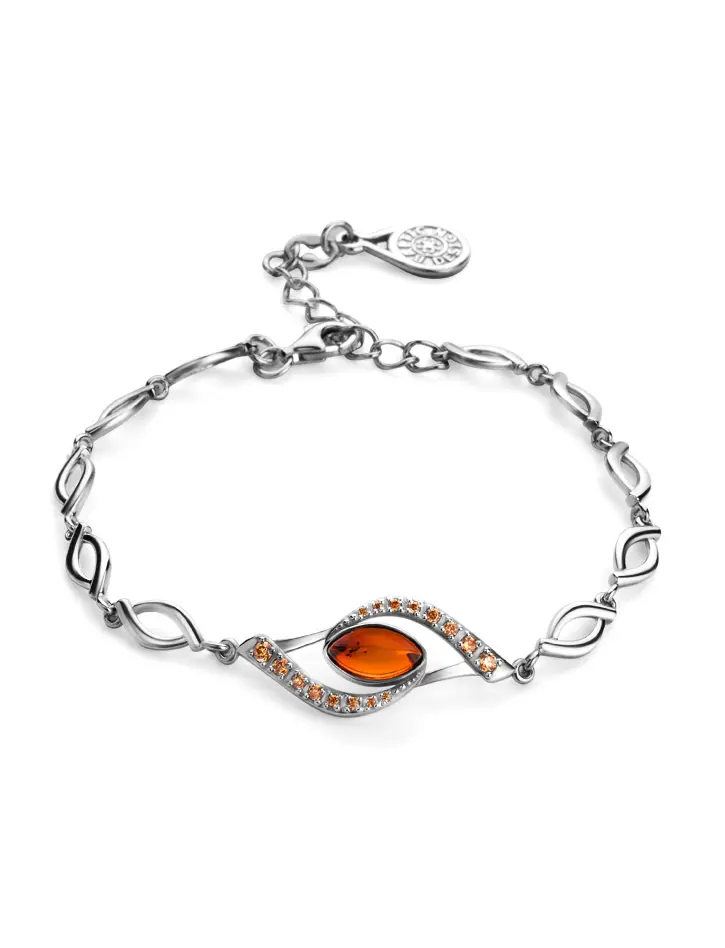 картинка Лёгкий изящный браслет «Ренессанс», украшенный янтарём и фианитами в онлайн магазине