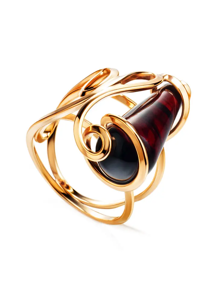 картинка Оригинальное кольцо «Валенсия» из золочённого серебря и вишнёвого янтаря в онлайн магазине