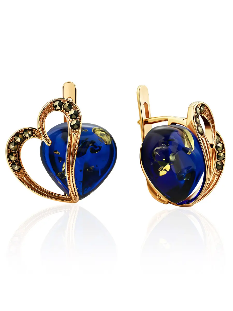 картинка Красивые серьги с янтарём синего цвета и марказитами «Эйфория» в онлайн магазине
