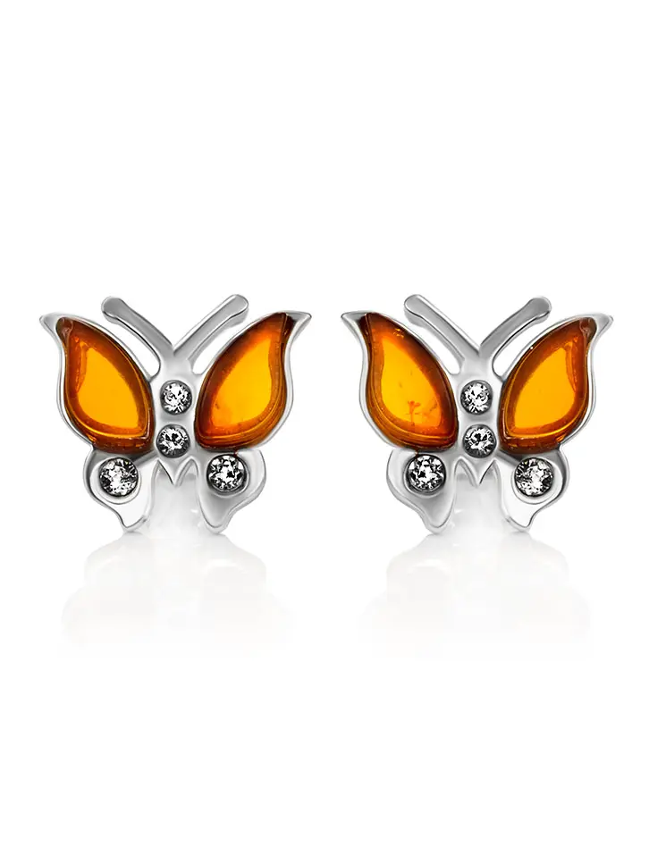 картинка Очаровательные серьги-гвоздики с натуральным янтарём и кристаллами «Апрель» в онлайн магазине