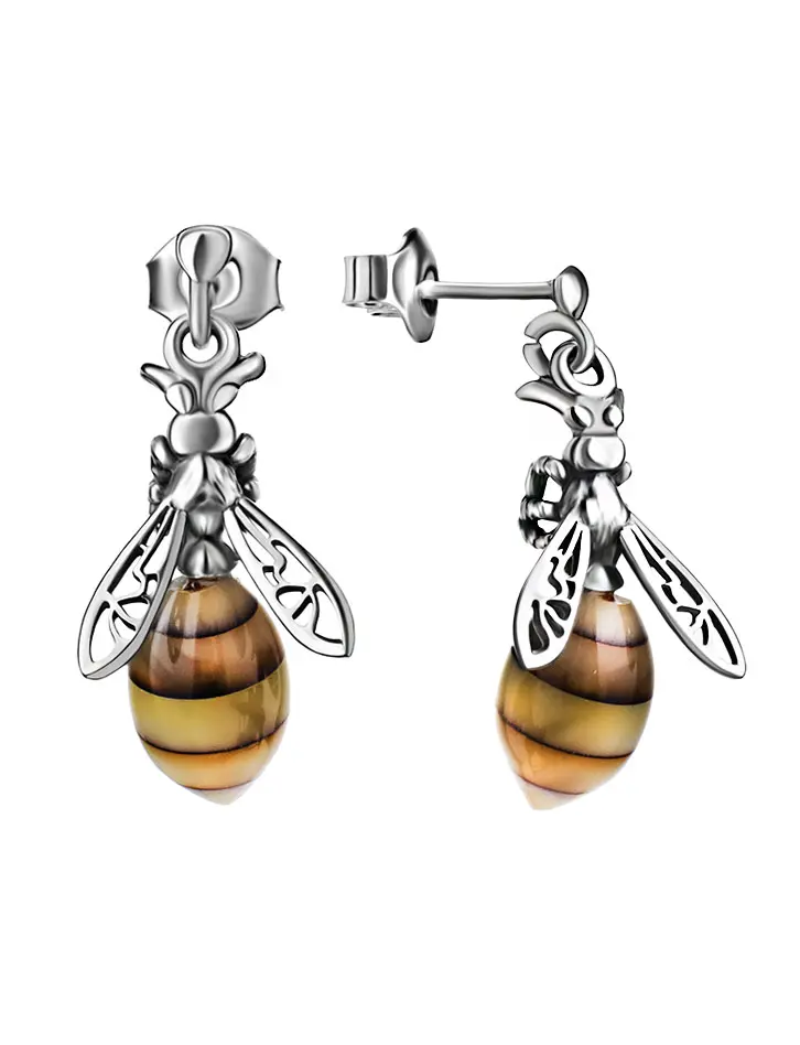 картинка Подвесные серьги-гвоздики с пчёлками «Винни Пух» из янтаря в онлайн магазине