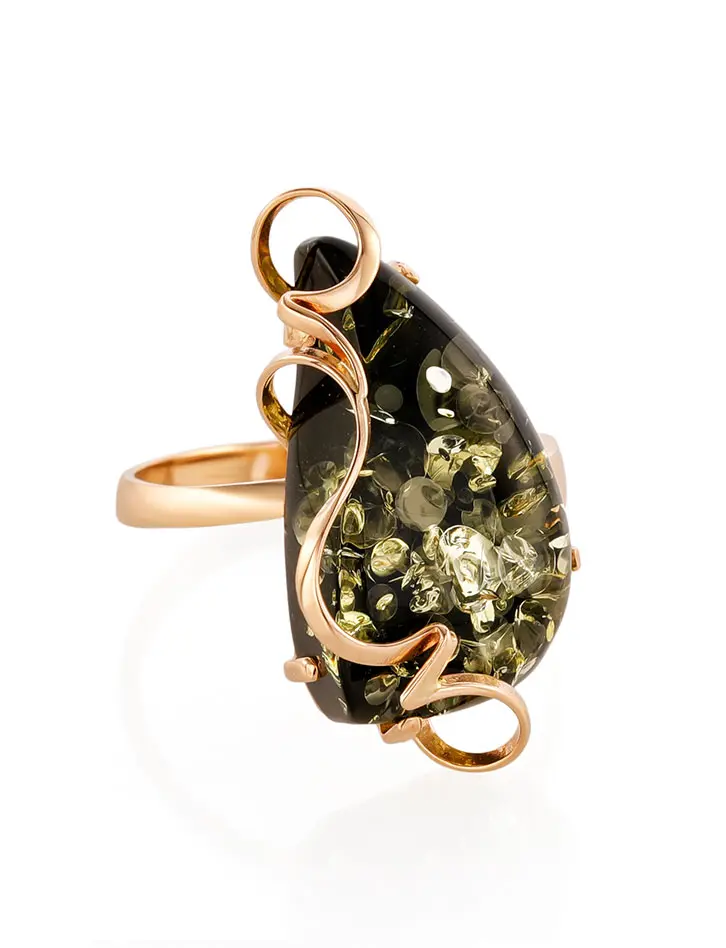 картинка Красивое кольцо из золота и натурального янтаря зелёного цвета «Риальто» в онлайн магазине