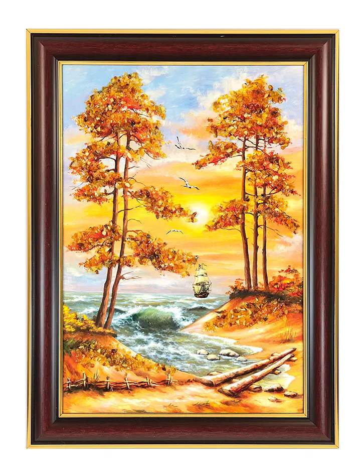 картинка Вертикальное панно с натуральным янтарем «Две сосны у моря» в онлайн магазине