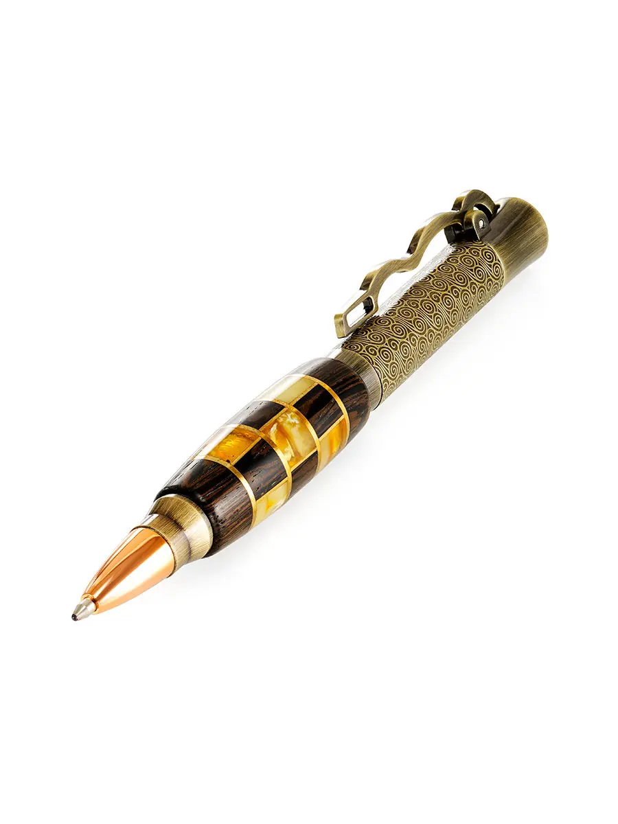 картинка Необычная ручка из латуни с мозаикой из натурального янтаря и дерева «Винчестер» в онлайн магазине