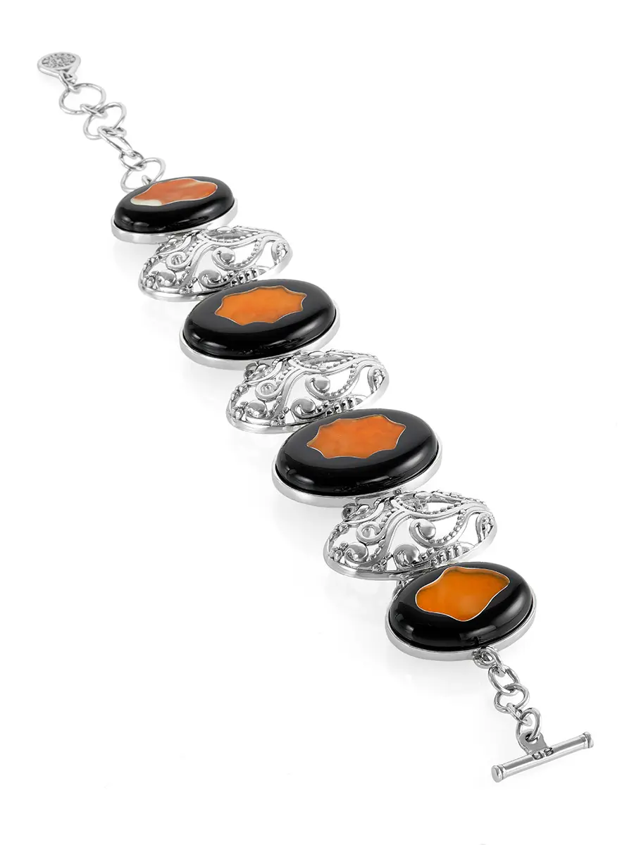 картинка Браслет из серебра с натуральным тёмно-медовым янтарём «Пантера» в онлайн магазине