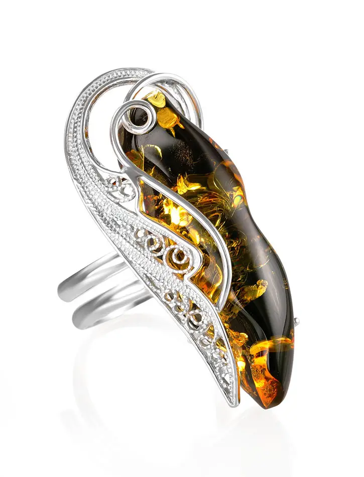 картинка Изысканное кольцо «Крылышко» с натуральным зелёным янтарём в онлайн магазине