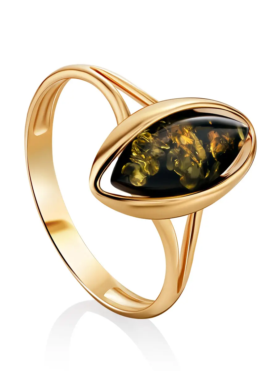 картинка Изящное золотое кольцо 585 пробы «София» со вставкой искрящегося зеленого янтаря в онлайн магазине