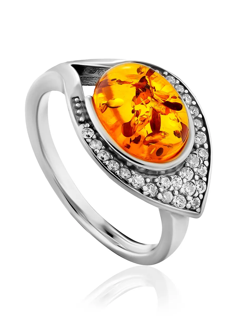 картинка Красивое кольцо «Ренессанс» из натурального янтаря, украшенное фианитами в онлайн магазине