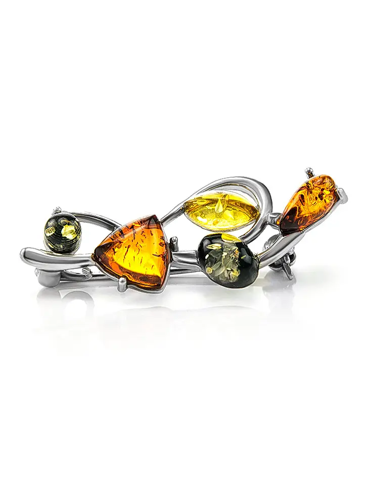 картинка Яркая брошь с натуральным янтарём трёх цветов «Ламбада» в онлайн магазине