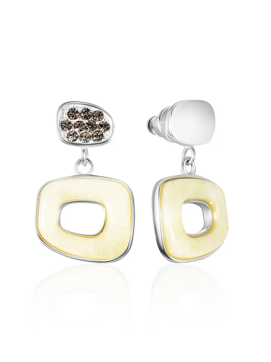 картинка Стильные серьги-пусеты с медовым янтарём и кристаллами «Монако» в онлайн магазине