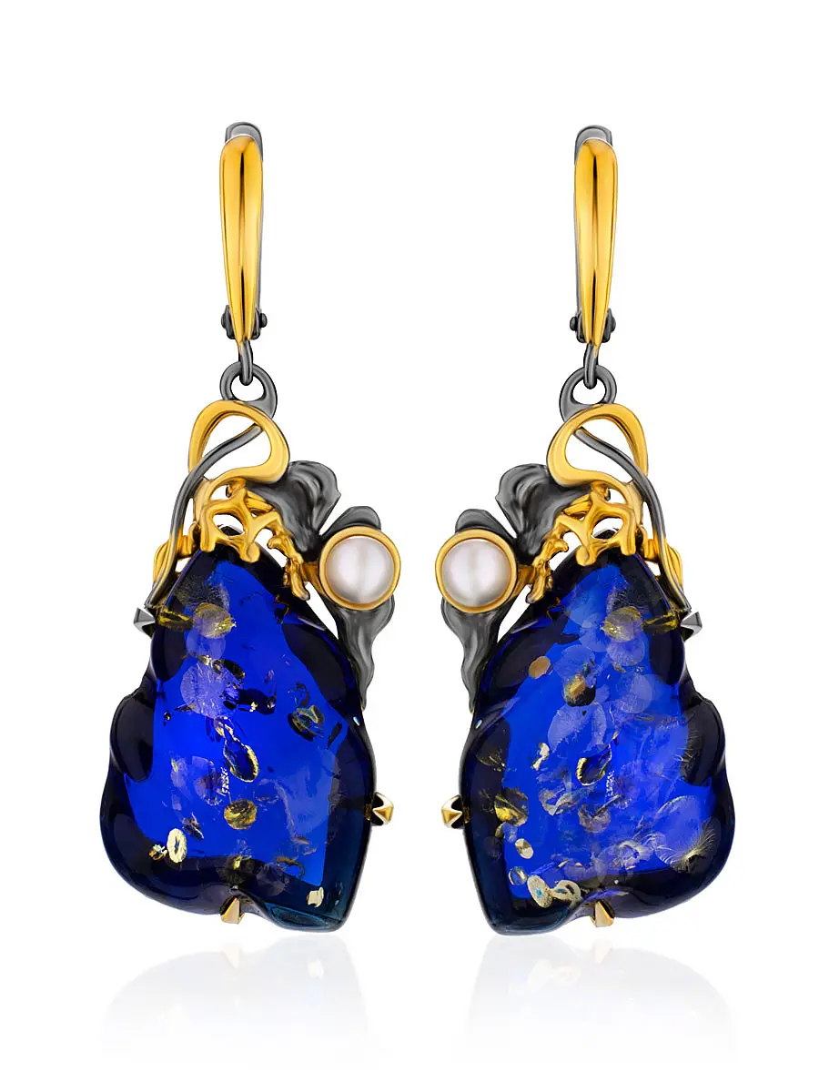 картинка Эффектные серьги из синего янтаря в золочённом серебре «Версаль» в онлайн магазине