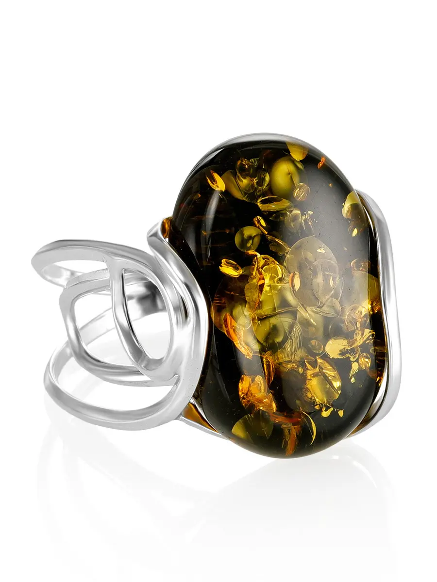 картинка Нарядное кольцо из натурального искрящегося зелёного янтаря «Валенсия» в онлайн магазине