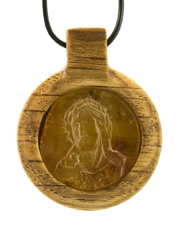 картинка Эксклюзивный образок из дуба и натурального янтаря с резьбой «Христос» в онлайн магазине