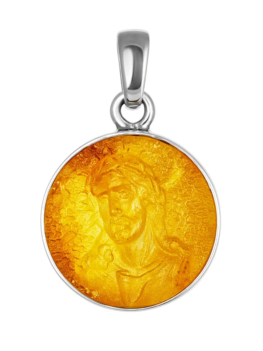 картинка Подвеска в серебре из натурального цельного янтаря с резьбой «Христос в терновом венце» в онлайн магазине