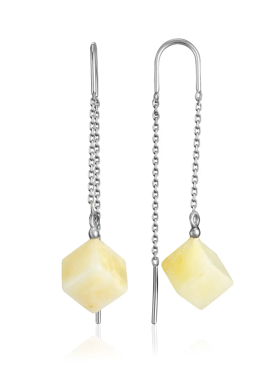 картинка Стильные серьги «Рафинад» с натуральным янтарём молочно-медового оттенка в онлайн магазине