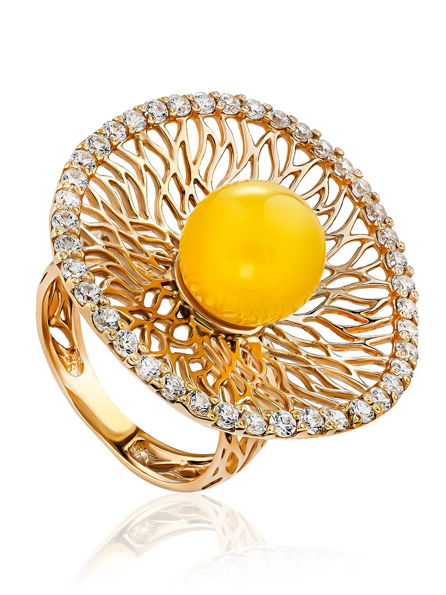 картинка Роскошное кольцо с цирконитами и медовым янтарём «Венера» в онлайн магазине