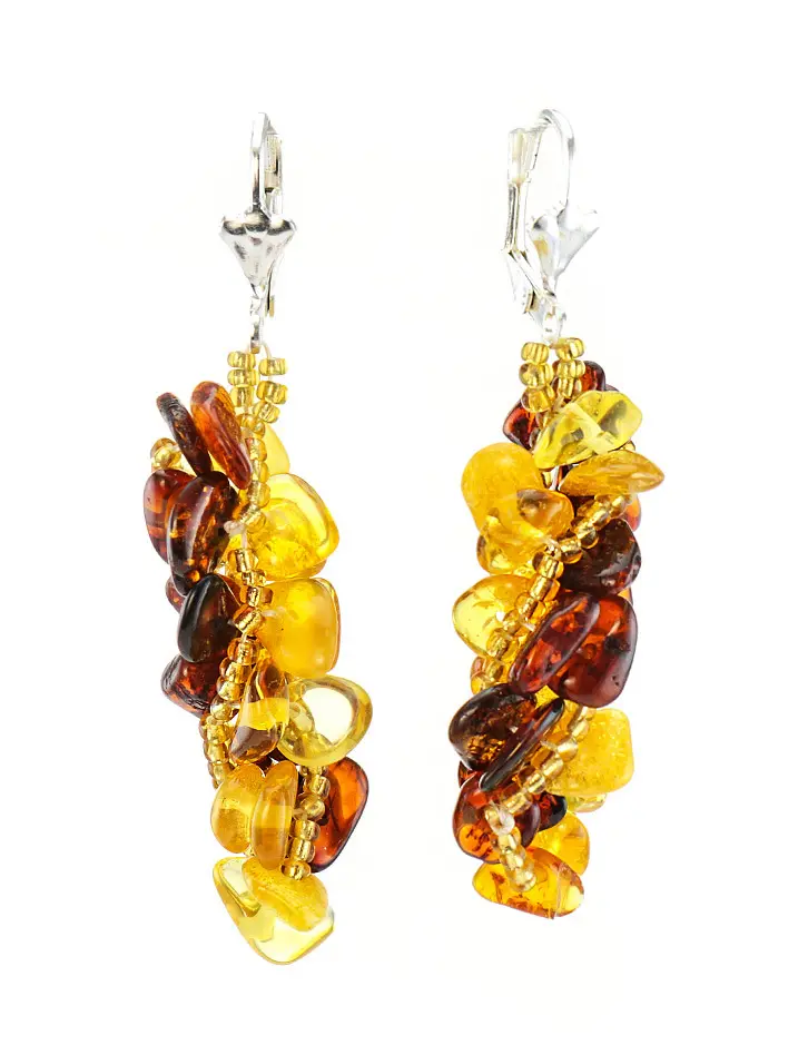 картинка Стильные плетеные серьги из натурального янтаря золотисто-лимонного и вишневого цветов с бисером «Лукоморье» в онлайн магазине