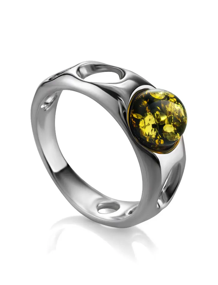 картинка Стильное кольцо с натуральным зелёным янтарём «Энигма» в онлайн магазине