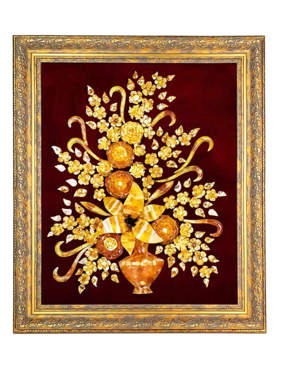 картинка Яркая янтарная картина на бордовом бархате «Ваза с лилией» 59 х 49 см в онлайн магазине