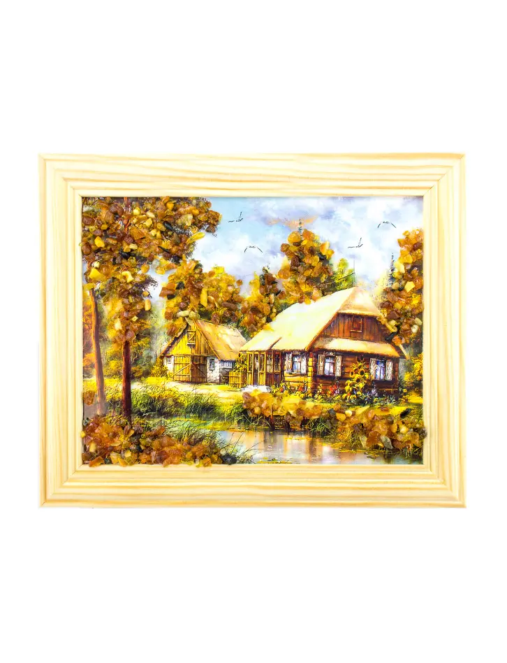 картинка «Дома из сруба». Небольшая горизонтальная картина, украшенная янтарем в онлайн магазине