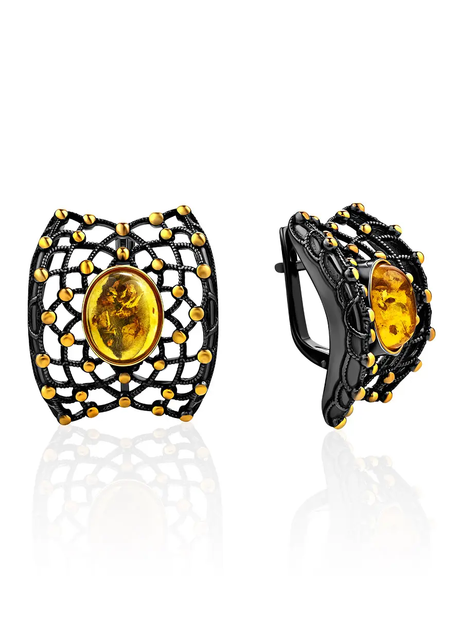 картинка Потрясающие серьги в необычном дизайне, украшенные янтарём «Паутинка» в онлайн магазине