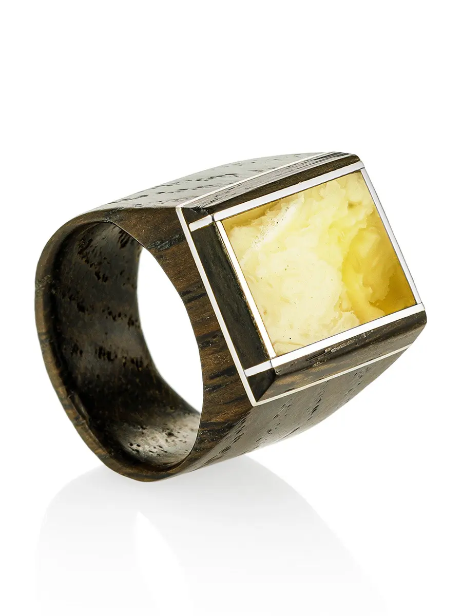 картинка Необычное кольцо из дерева и натурального янтаря «Индонезия» в онлайн магазине