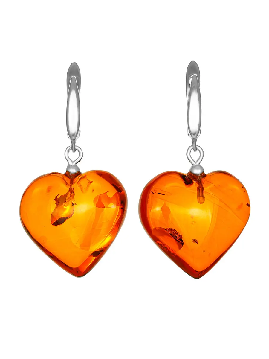 картинка Красивые серьги «Сердце» с натуральным коньячным янтарём в онлайн магазине