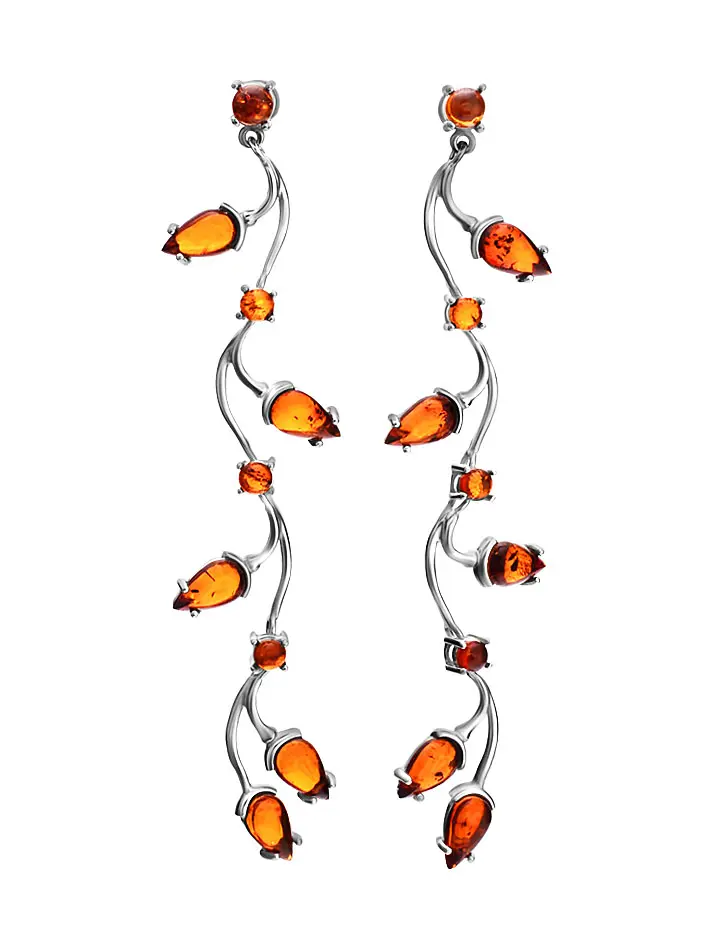 картинка Изысканные длинные серьги из серебра и тёмно-коньячного янтаря «Жасмин» в онлайн магазине