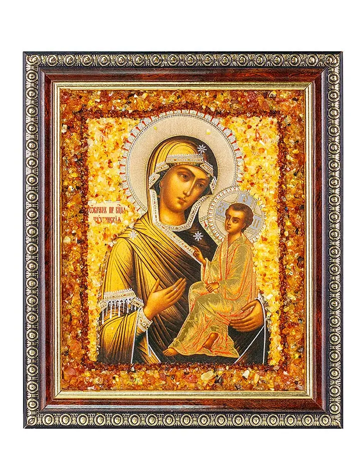 картинка Икона Тихвинской Богоматери, украшенная натуральным янтарём в онлайн магазине