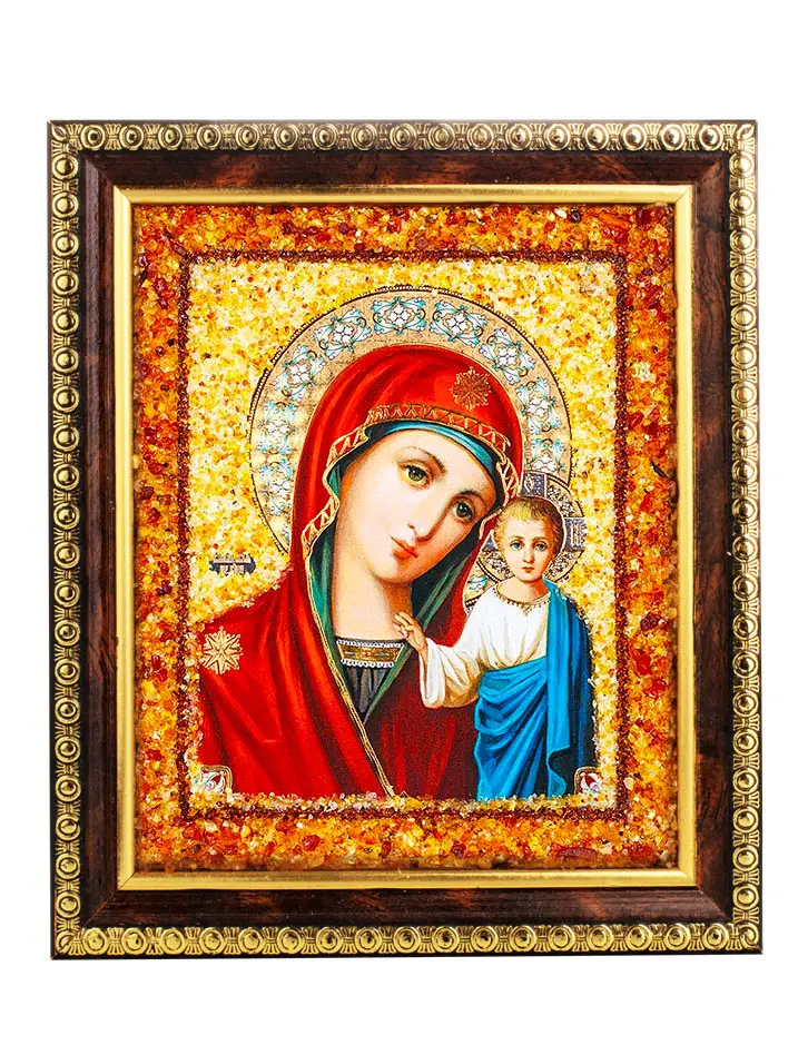 картинка Небольшая икона Казанской Божией матери, украшенная натуральным янтарём в онлайн магазине