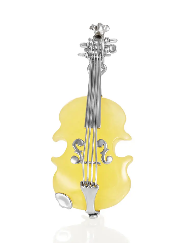 картинка Оригинальная брошь из серебра и цельного медового янтаря «Скрипка» в онлайн магазине