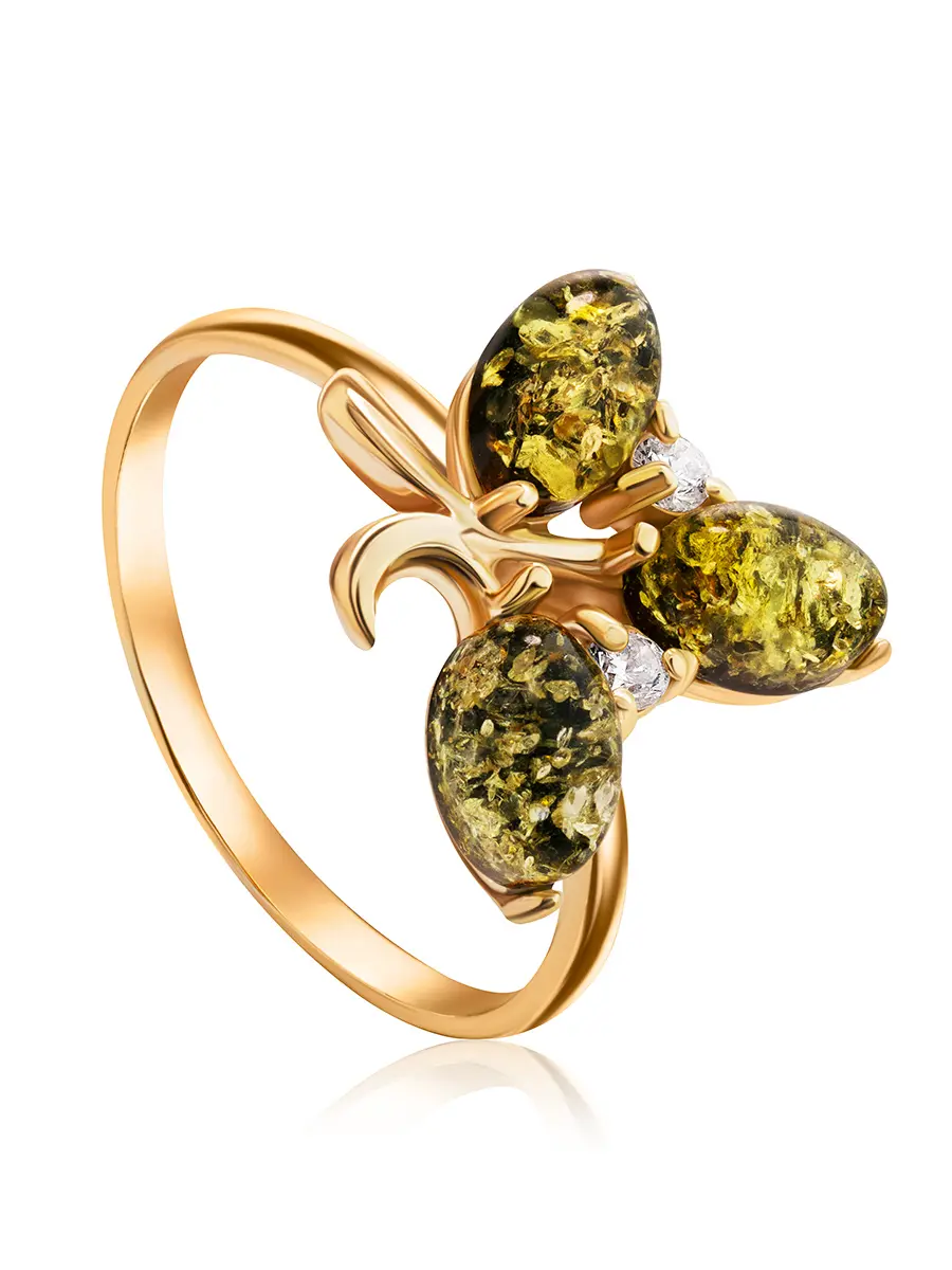 картинка Яркое нарядное золотое кольцо «Олеандр» с янтарём зелёного цвета и фианитами в онлайн магазине
