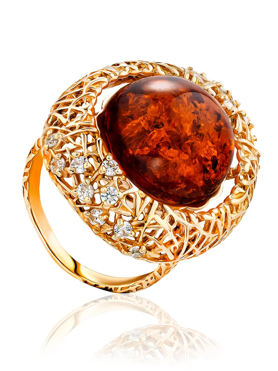 картинка Потрясающее золотое кольцо «Венера» с цельным коньячным янтарём в онлайн магазине
