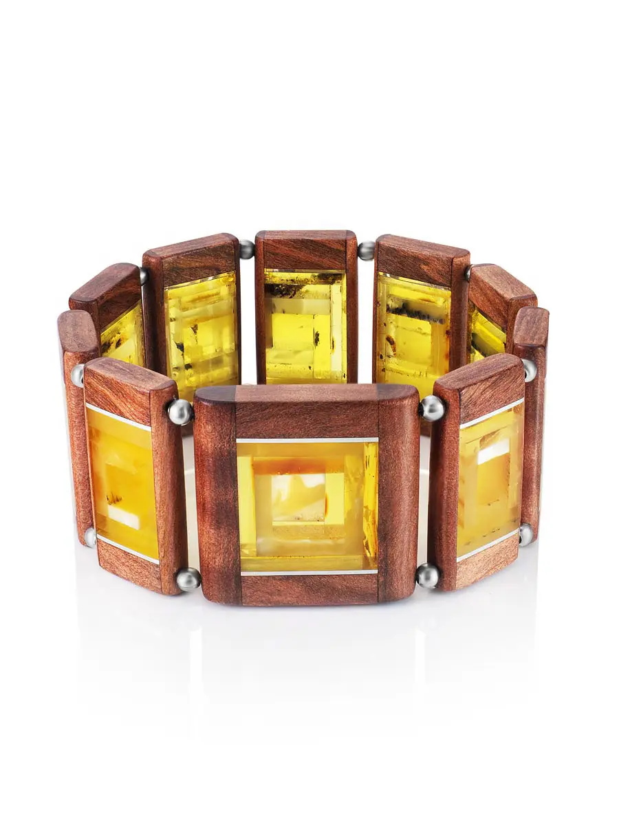 картинка Оригинальный деревянный браслет с натуральным балтийским янтарём «Индонезия» в онлайн магазине