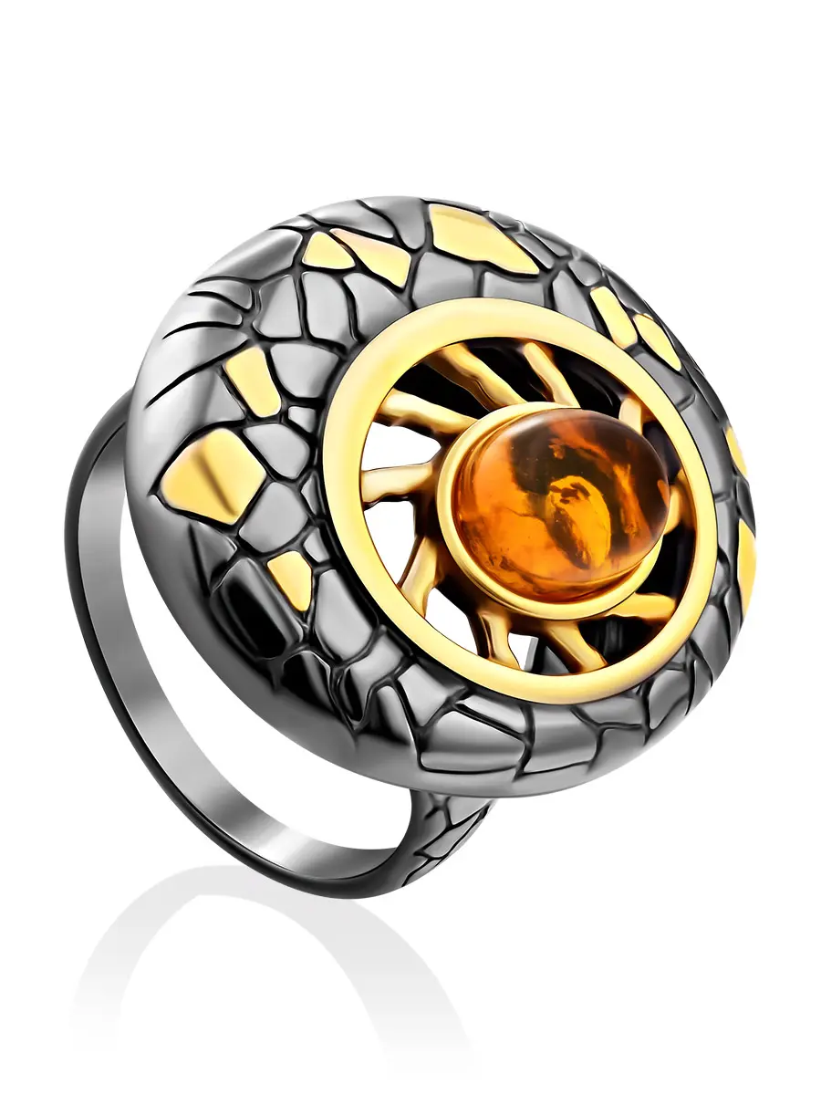 картинка Эффектное крупное кольцо «Донателла» с натуральным янтарём в онлайн магазине