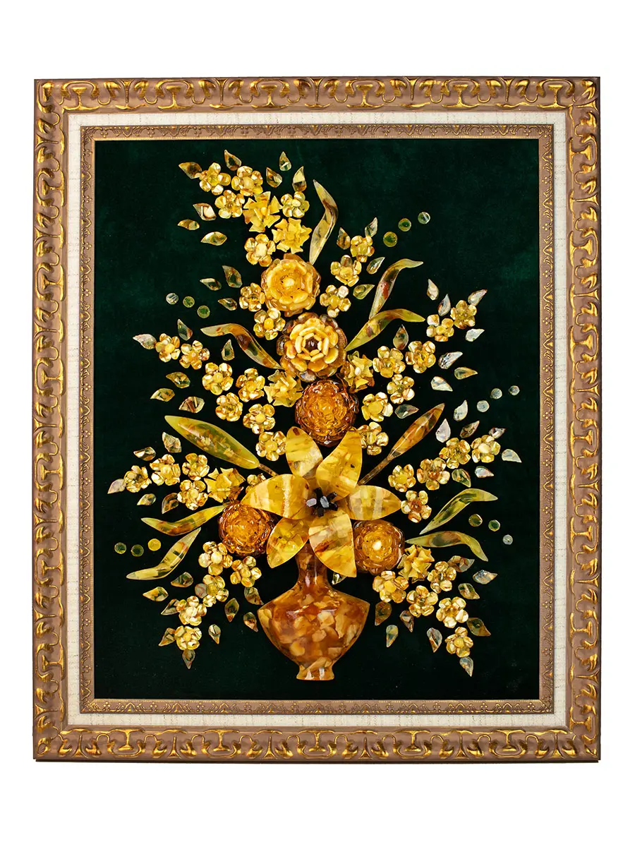 картинка Картина из натурального янтаря на зелёном бархате «Ваза с лилией» 59 х 49 см в онлайн магазине