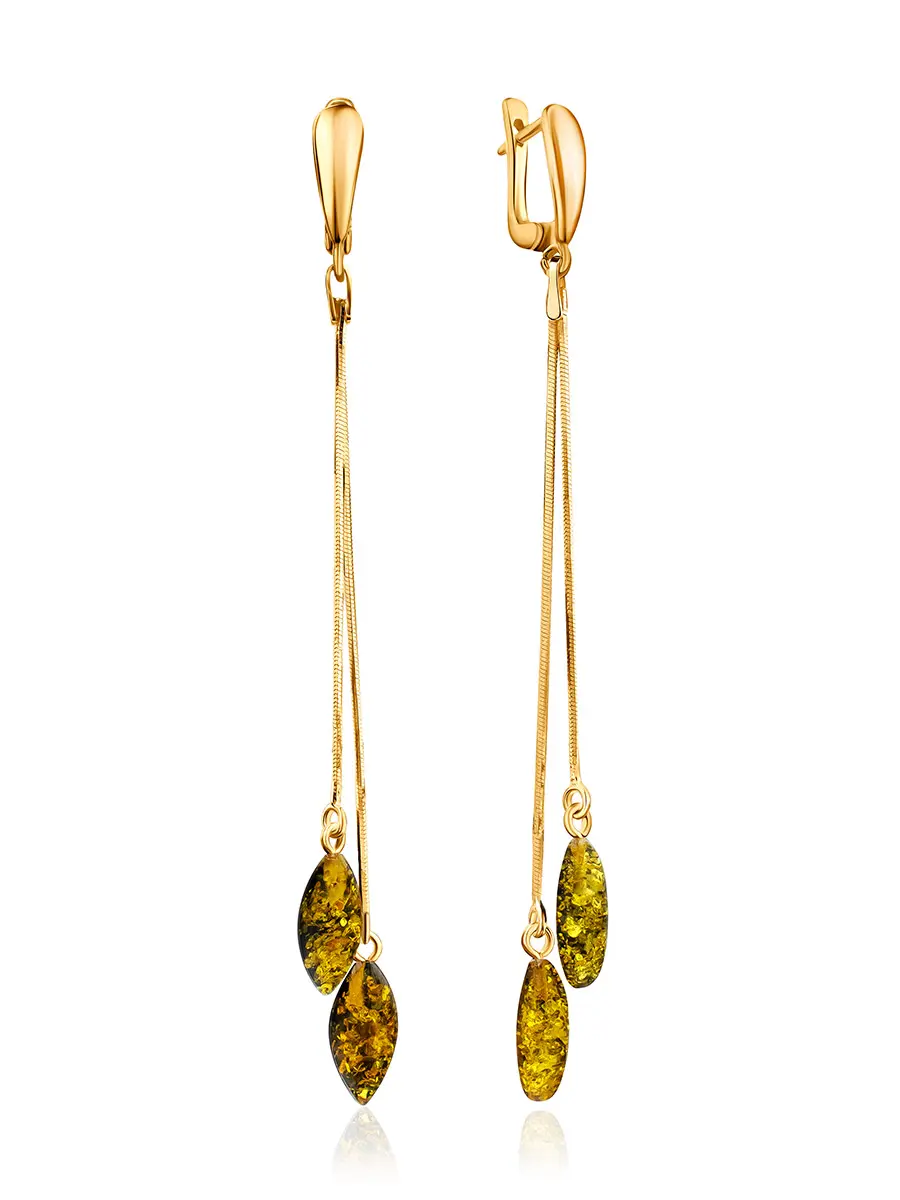 картинка Нарядные серьги-цепочки с янтарём зелёного цвета «Листочки» в онлайн магазине