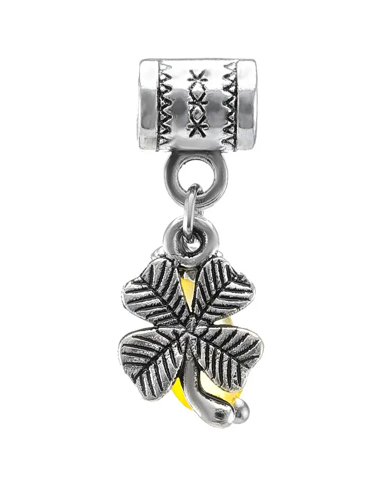 картинка Подвеска-шарм для модульного браслета, украшенная натуральным янтарём «Клевер» в онлайн магазине